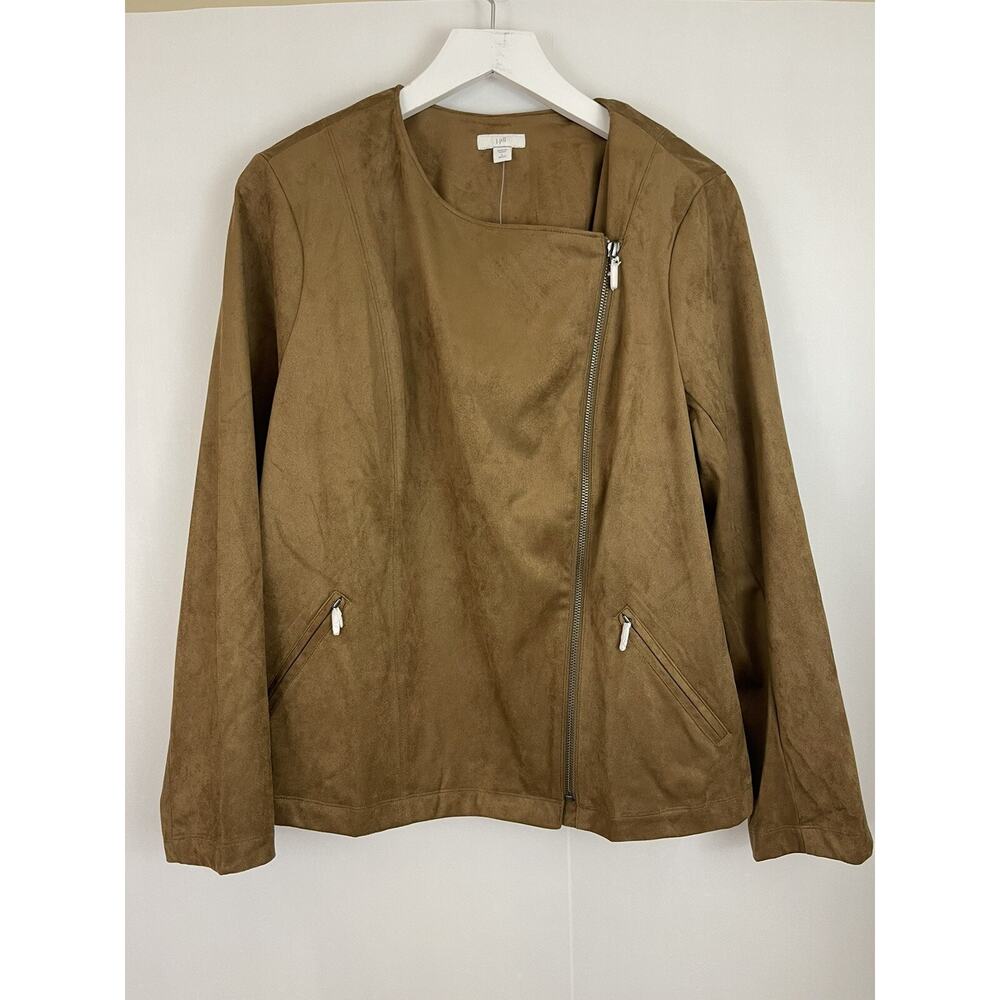J. Jill Faux Suede Moto Jacket Women LP Acorn Brown Asymmetrical Zip Casual